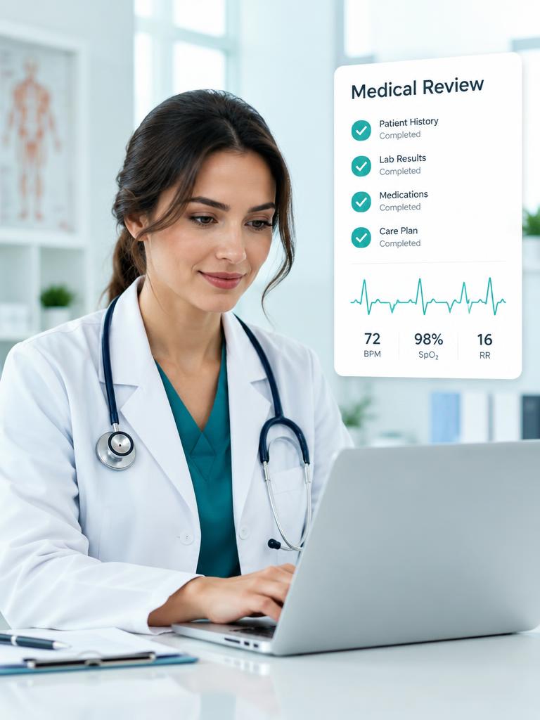 Physician in a white coat reviewing a laptop beside a medical review card with checkmarks