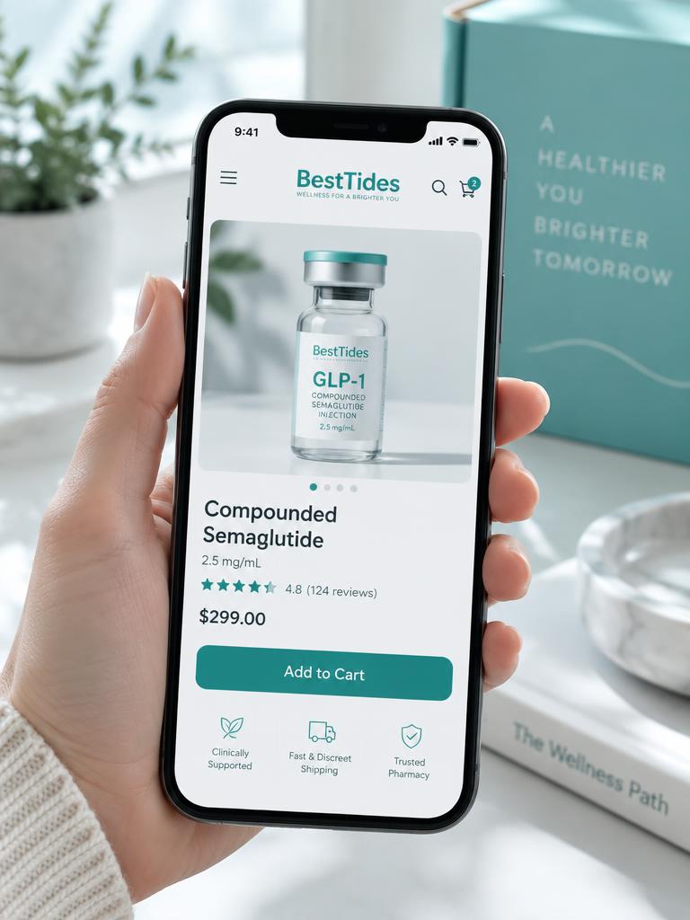 Hand holding a phone showing the BestTides shop with a peptide vial and Add to Cart button