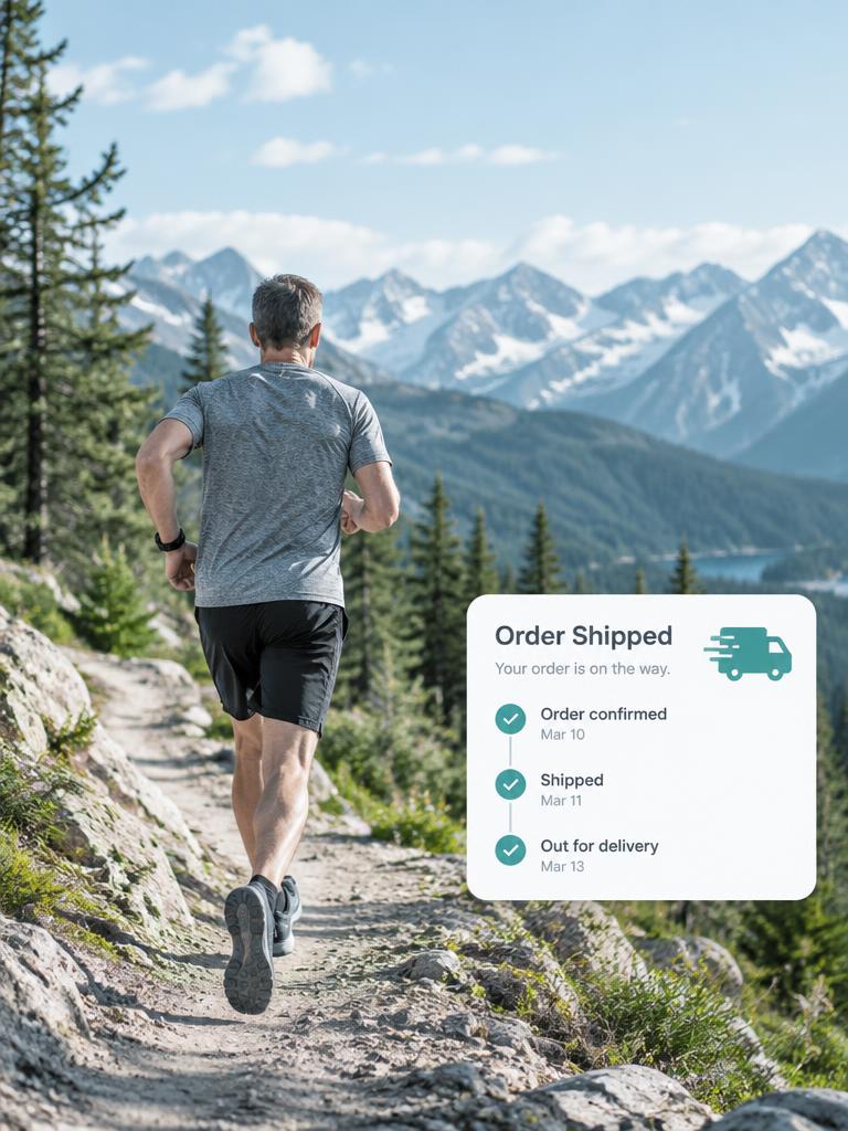 Runner on a mountain trail with an order-shipped tracking card